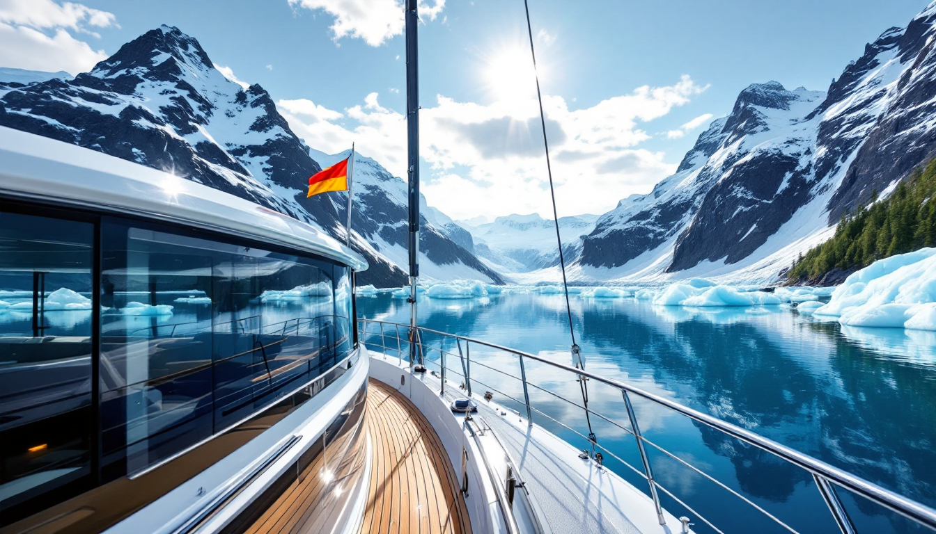 Luxury small-ship yacht cruising through pristine Alaskan fjords with glaciers