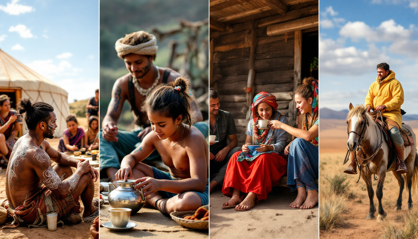 Travelers deeply engaging with local cultures in traditional community settings and festivals