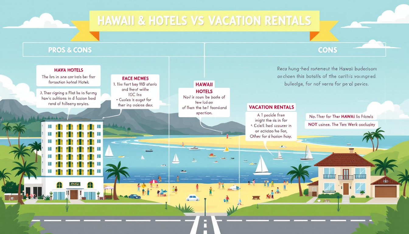 Infographic comparing features of Hawaii hotels and vacation rentals with visuals of hotel and vacation rental