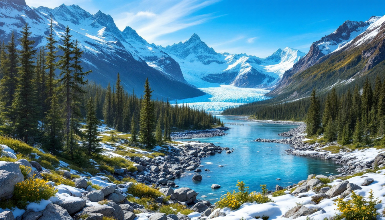 Panoramic view of Alaskan wilderness with glaciers and mountains
