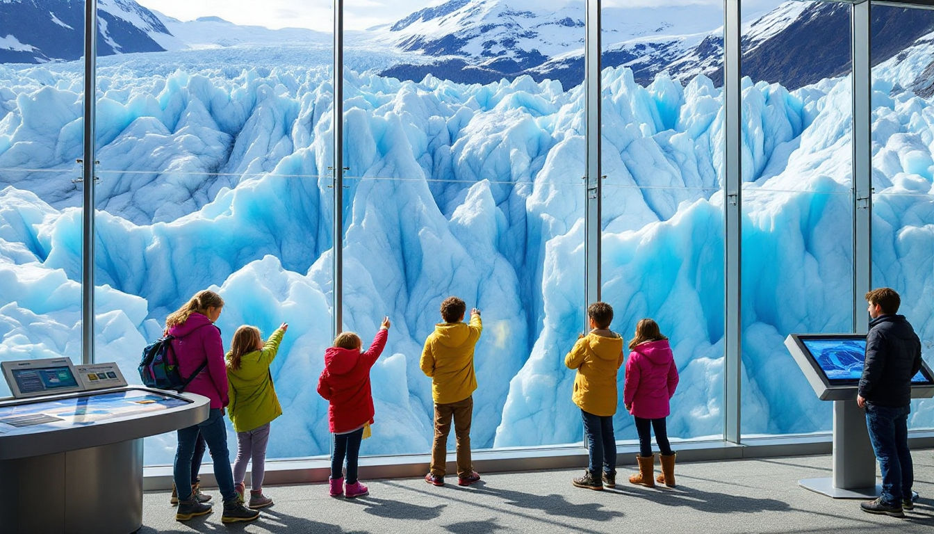 Children observing Mendenhall Glacier through large windows inside visitor center