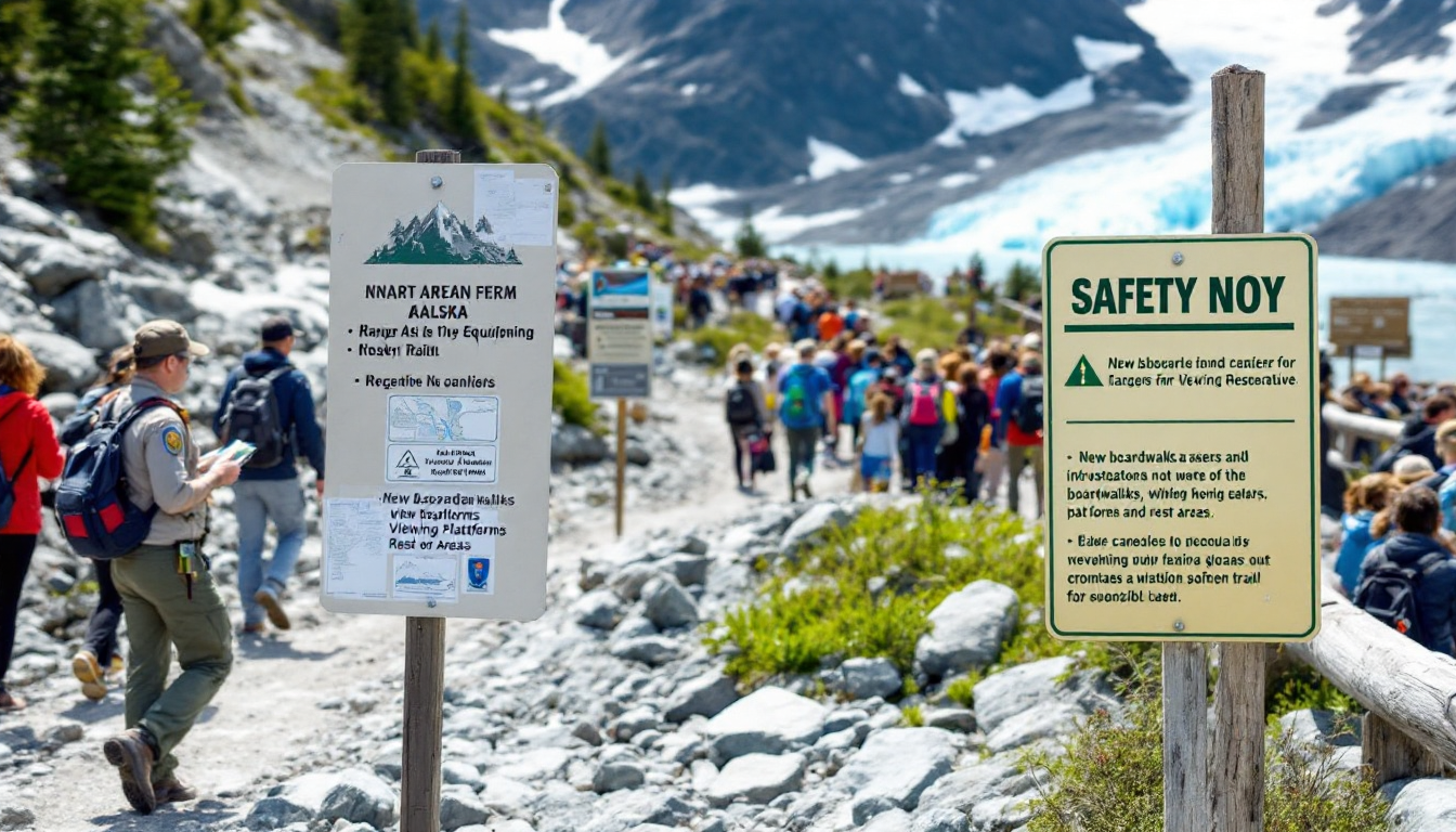 Busy Alaska tourist area with safety measures and ranger presence