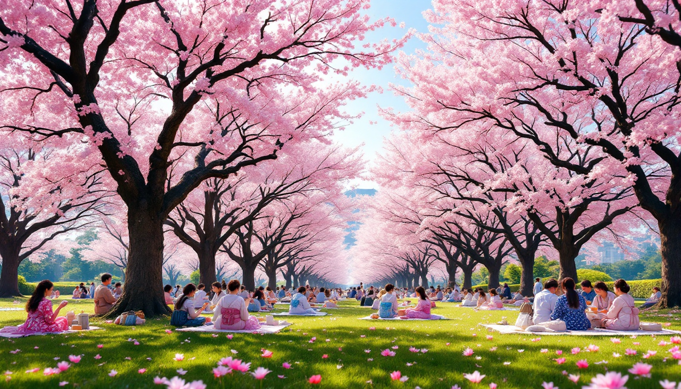 Cherry blossom trees blooming with people picnicking underneath in Japan during spring