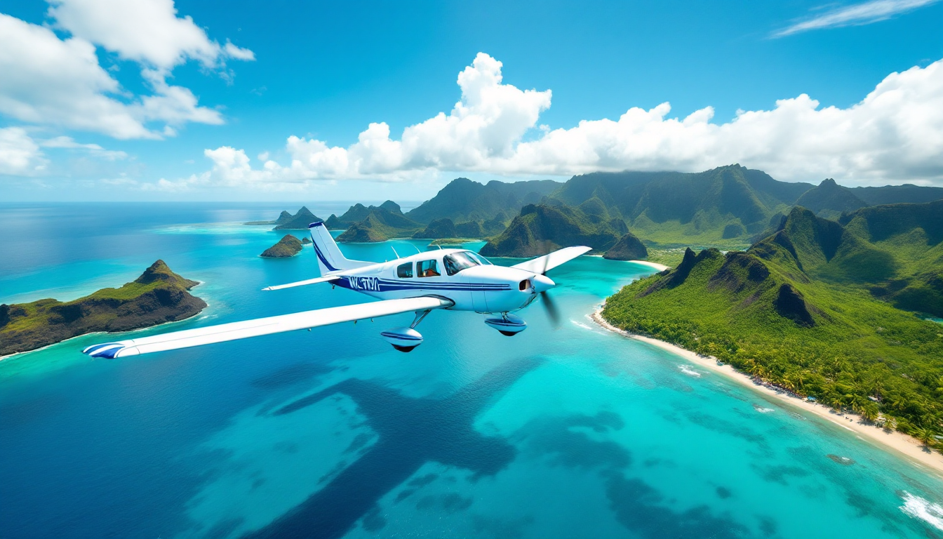 Small airplane flying over the Hawaiian islands and ocean demonstrating inter-island air travel