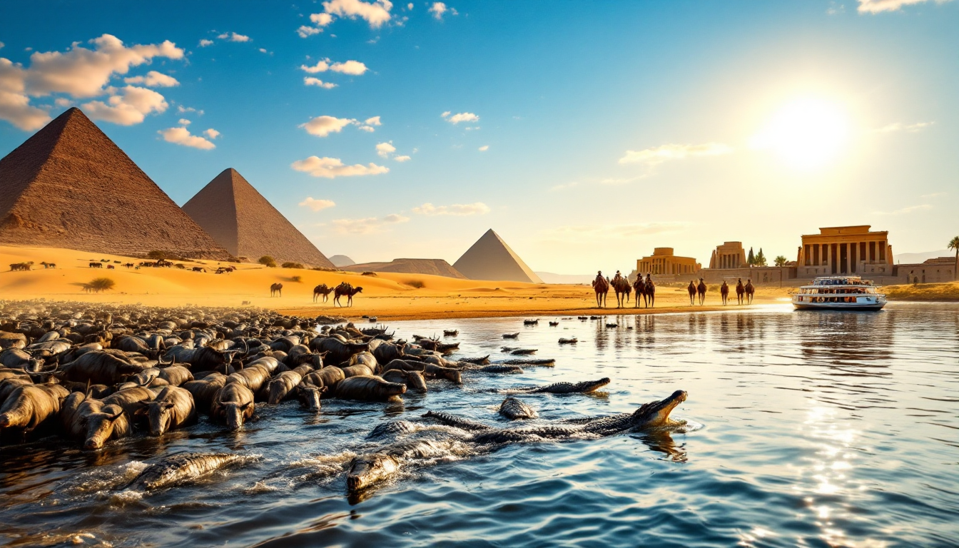 Africa and Middle East themed travel featuring Great Migration wildlife, Sahara Desert camel treks, and Nile River cruises past ancient temples.