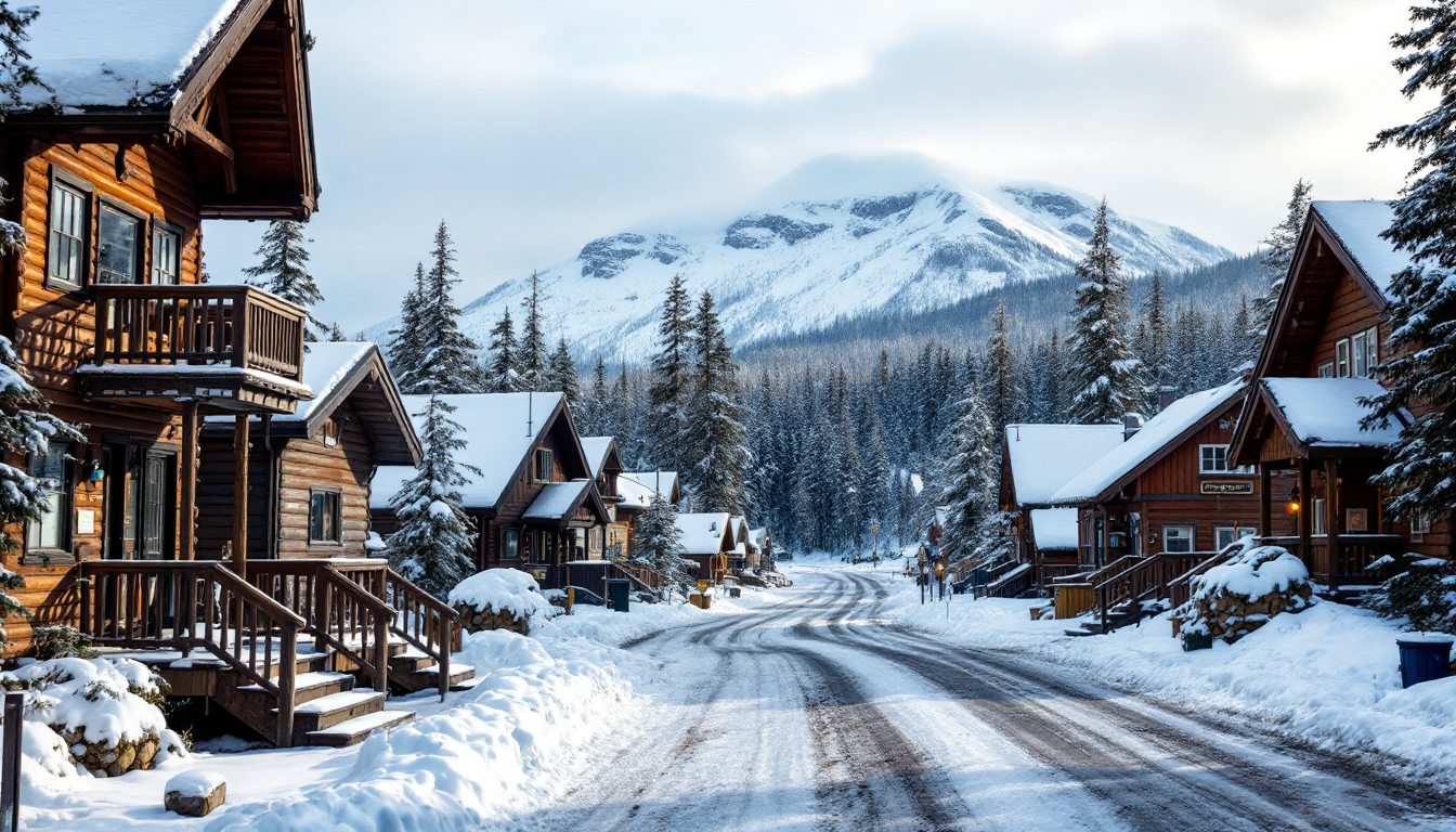 Cozy winter Alaskan town with lodges and tour vehicles in snow