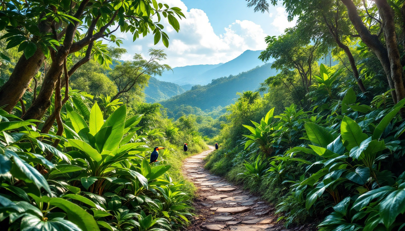 Tropical rainforest trail in Costa Rica with wildlife and marked path for beginner hikers