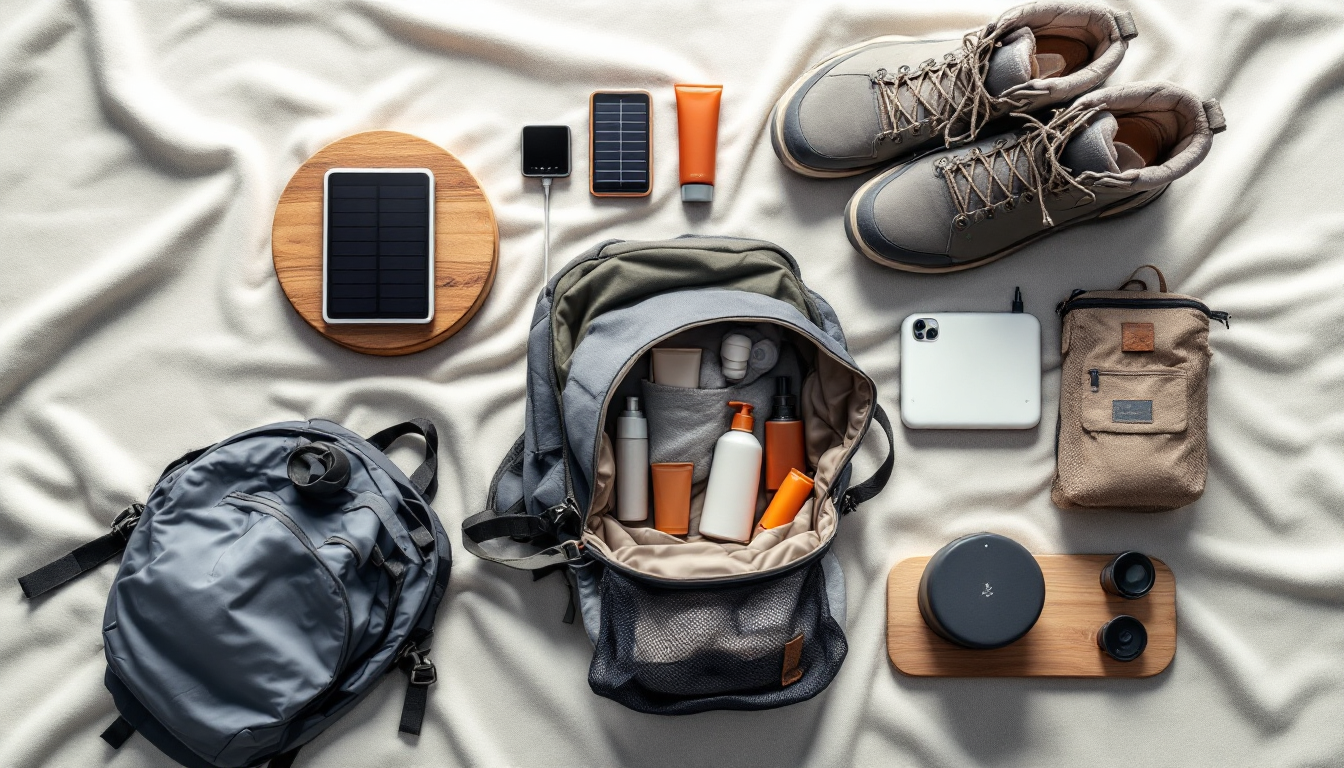 Sustainable and high-tech travel equipment packed for an adventure trip