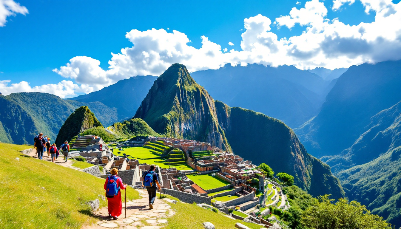 Ancient Machu Picchu Incan ruins with green mountains and tourists guided hike in clear weather