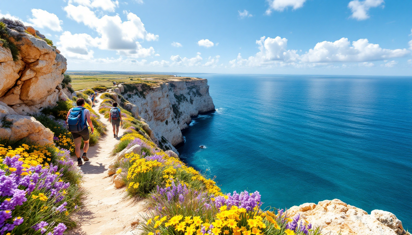 Spring hiking trail in Portugal's Alentejo region with wildflowers and ocean cliffs