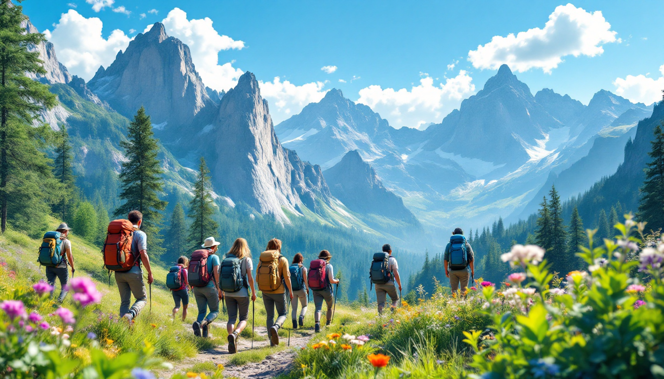 Diverse group of adventure travelers hiking in nature with mountains and forests in the background