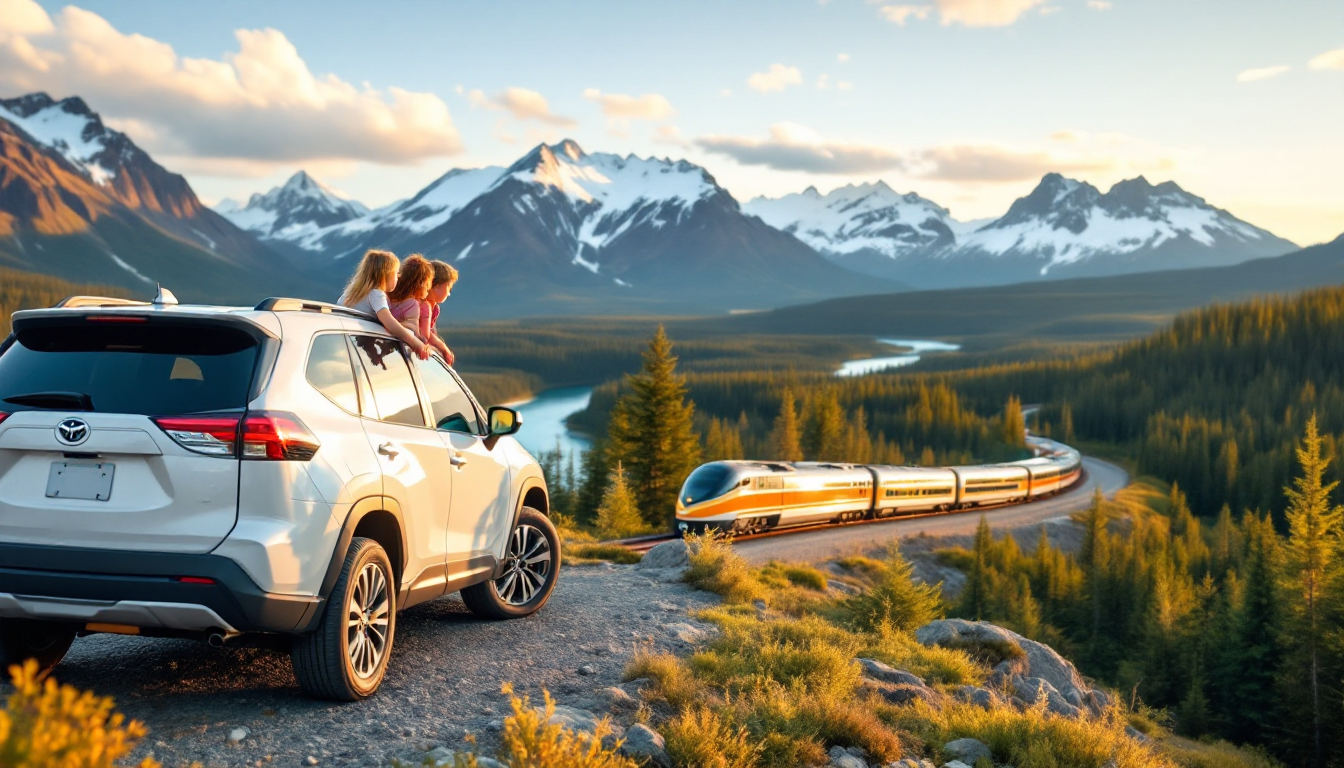 Family traveling by rental car and Alaska Railroad train in scenic Alaskan landscape