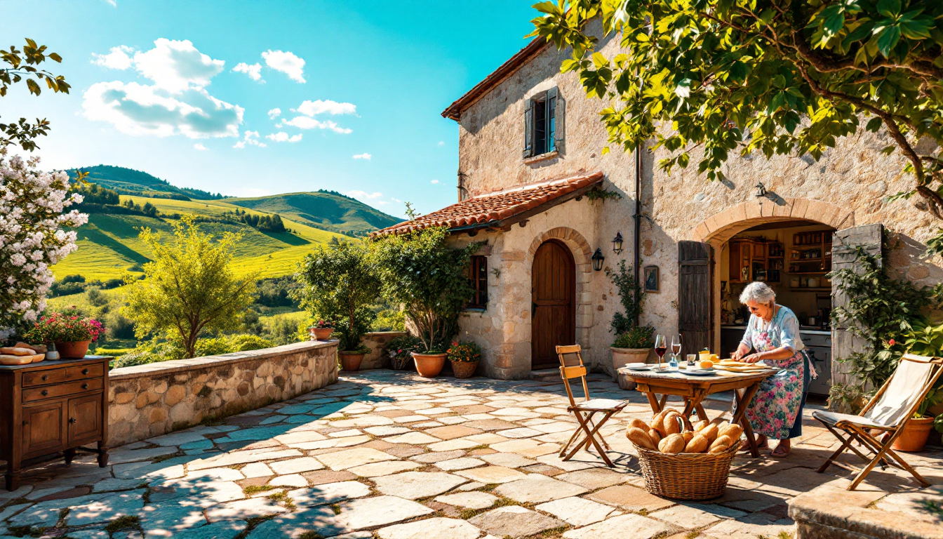 Rustic farmhouse in Tuscany with olive groves and a glass of Chianti Classico wine on a sunny terrace