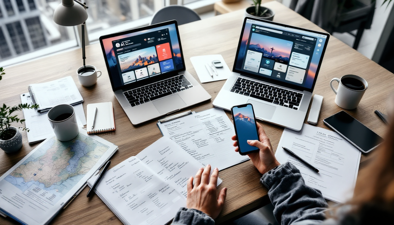 Traveler organizing trip plan with technology, budgeting, and insurance support