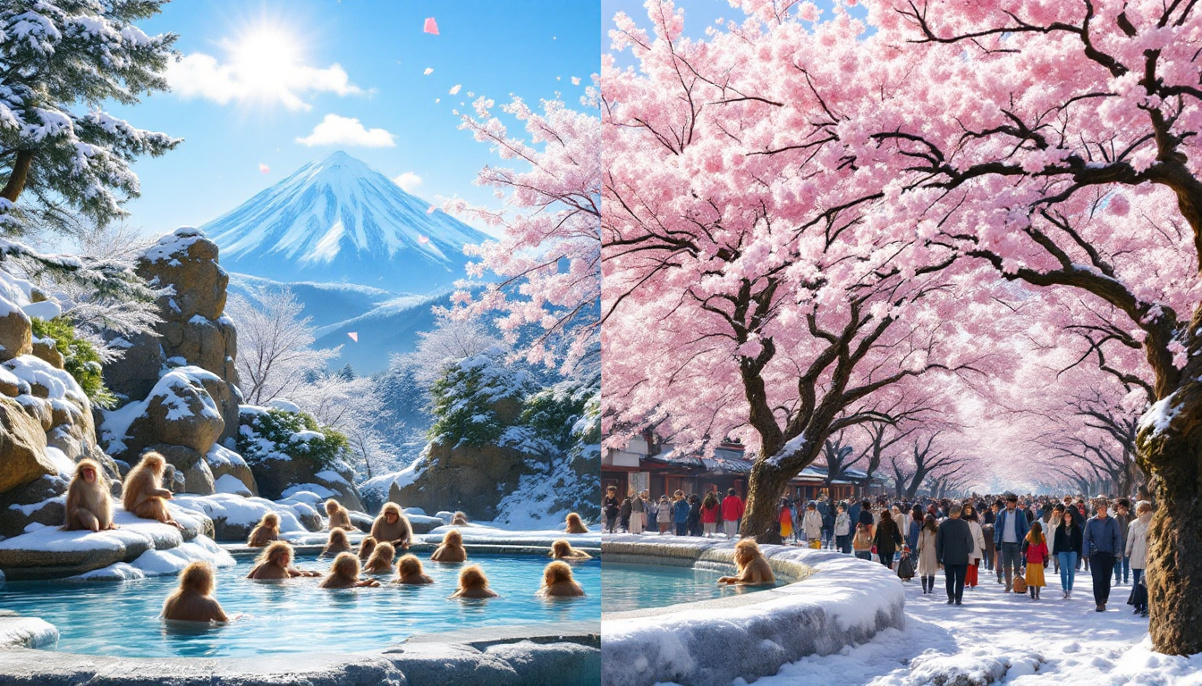 Japanese snow monkeys in winter hot springs and contrasting crowded cherry blossom spring season