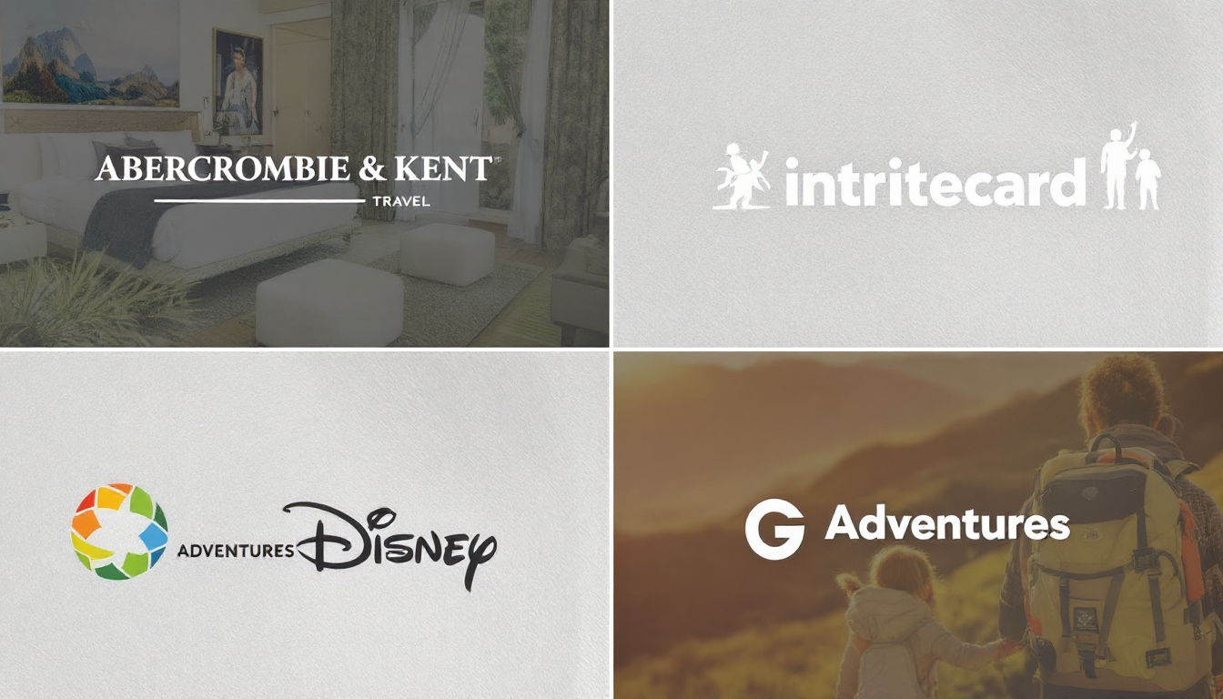 Collage showing logos and symbolic images of top travel agencies luxury adventure family and budget tours