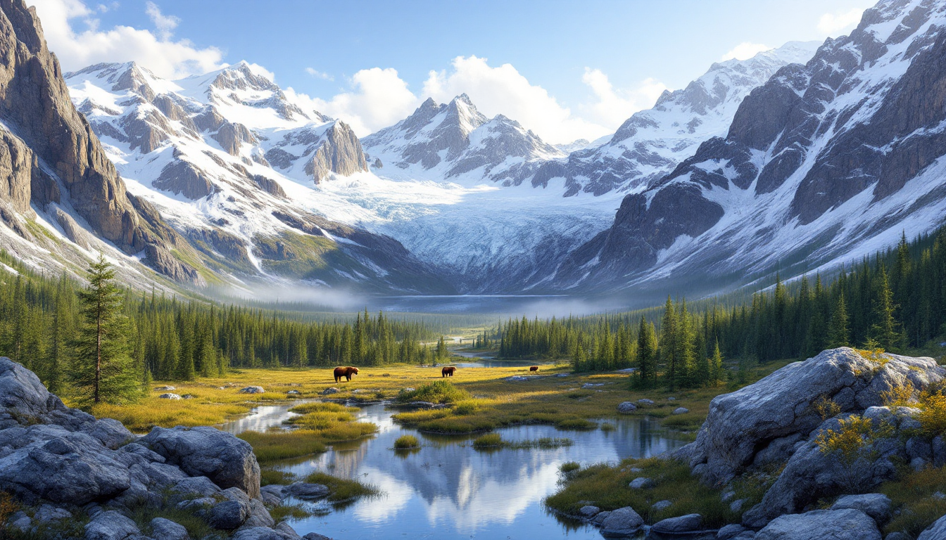 Pristine Alaskan wilderness with glaciers, forest, and wildlife