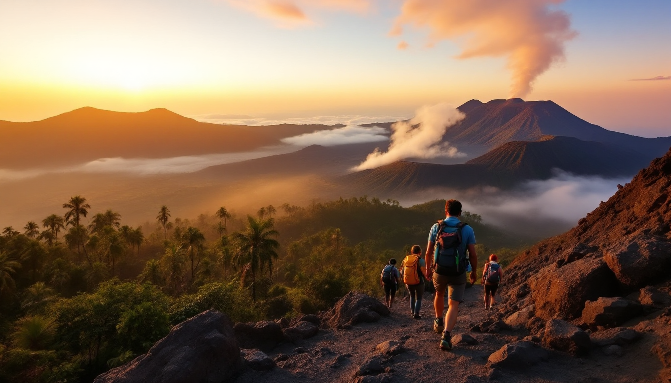 Spring and summer tropical adventure trekking on Mount Bromo volcanic crater in Indonesia