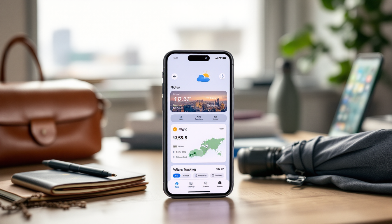 Smartphone with travel planning apps for weather, booking, and foliage tracking