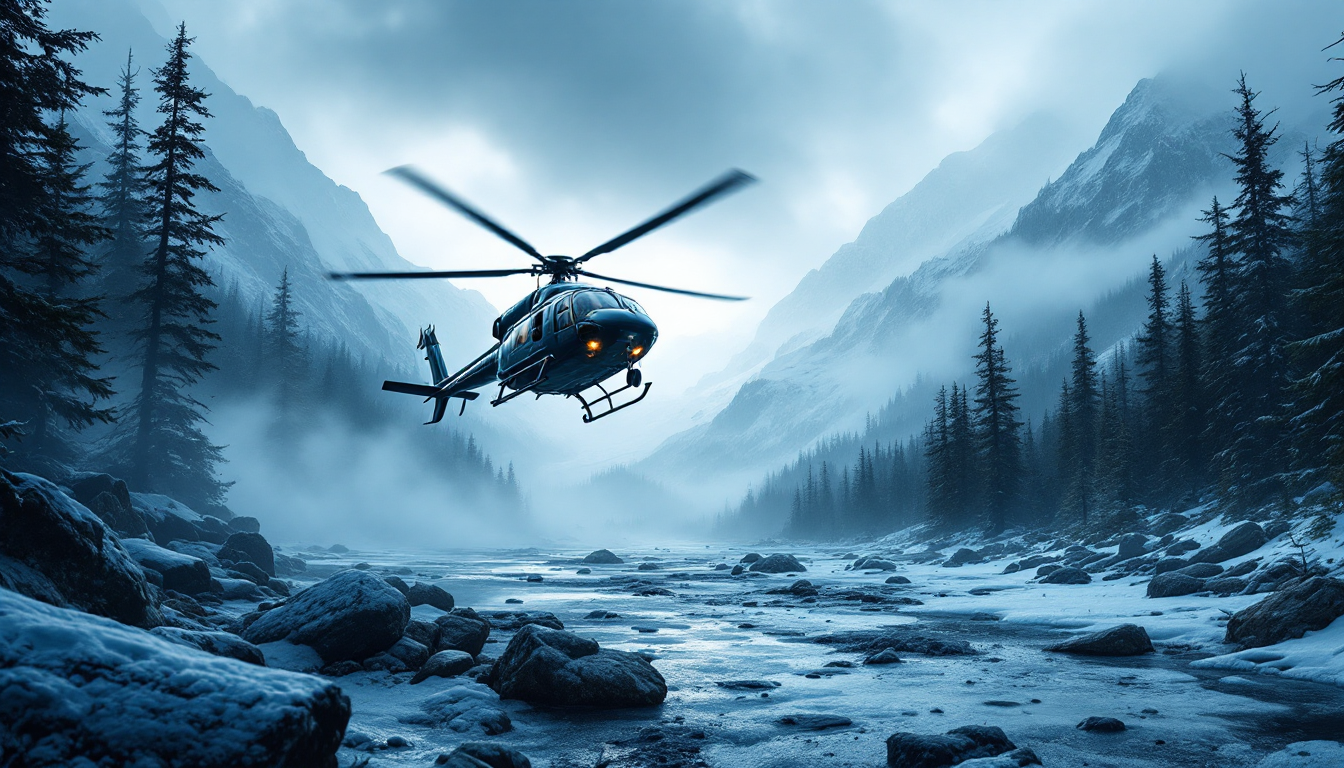 Helicopter emergency medical evacuation in remote Alaskan wilderness emphasizing safety.