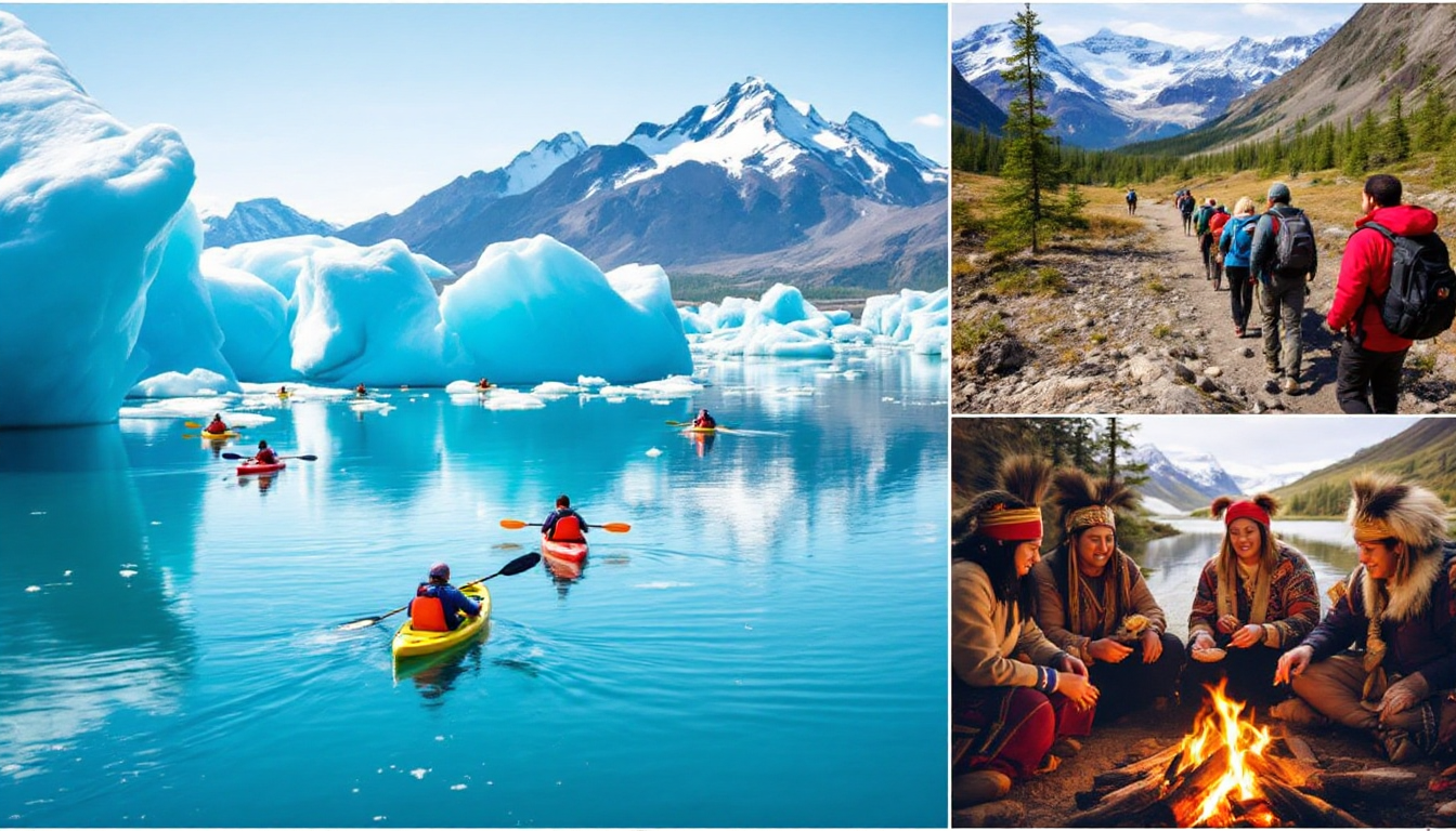 Multiple Alaskan adventure activities including kayaking, hiking, and cultural immersion