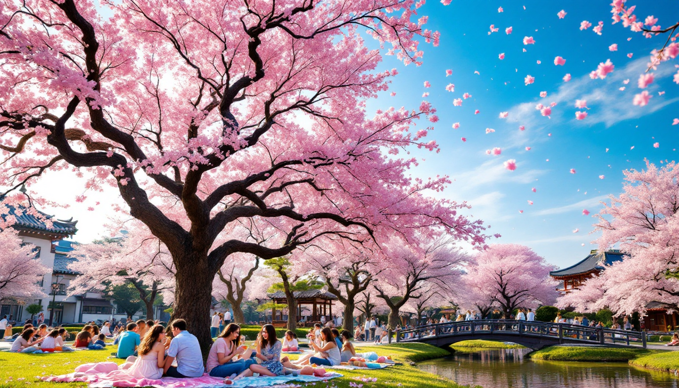 Cherry blossom festival in Japan with people enjoying spring flowers
