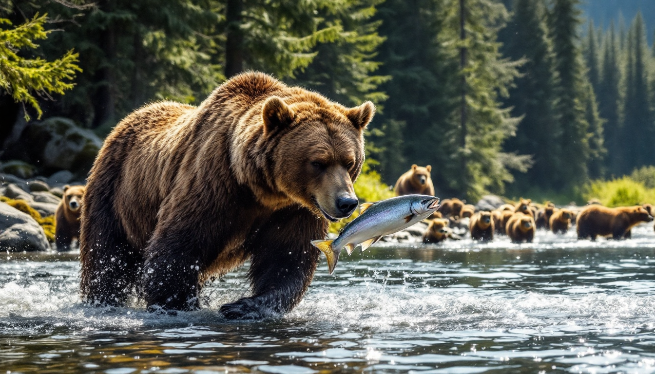 Grizzly bear catching salmon at Brooks Falls