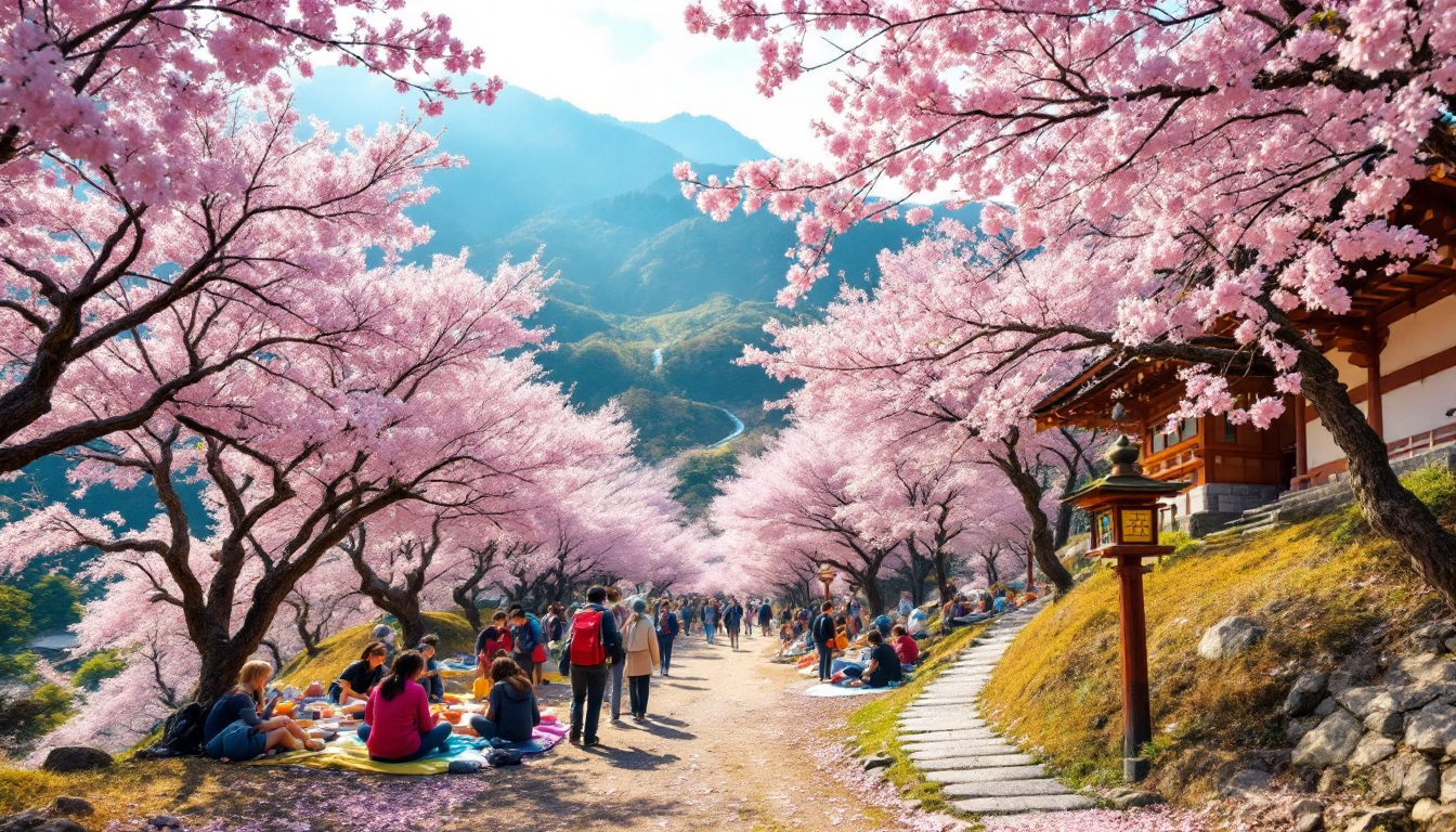Cherry blossom season in Japan with hikers on mountain trail and blooming sakura trees