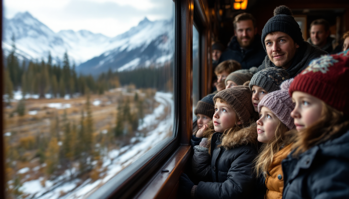 Family enjoying scenic train ride through Alaskan wilderness