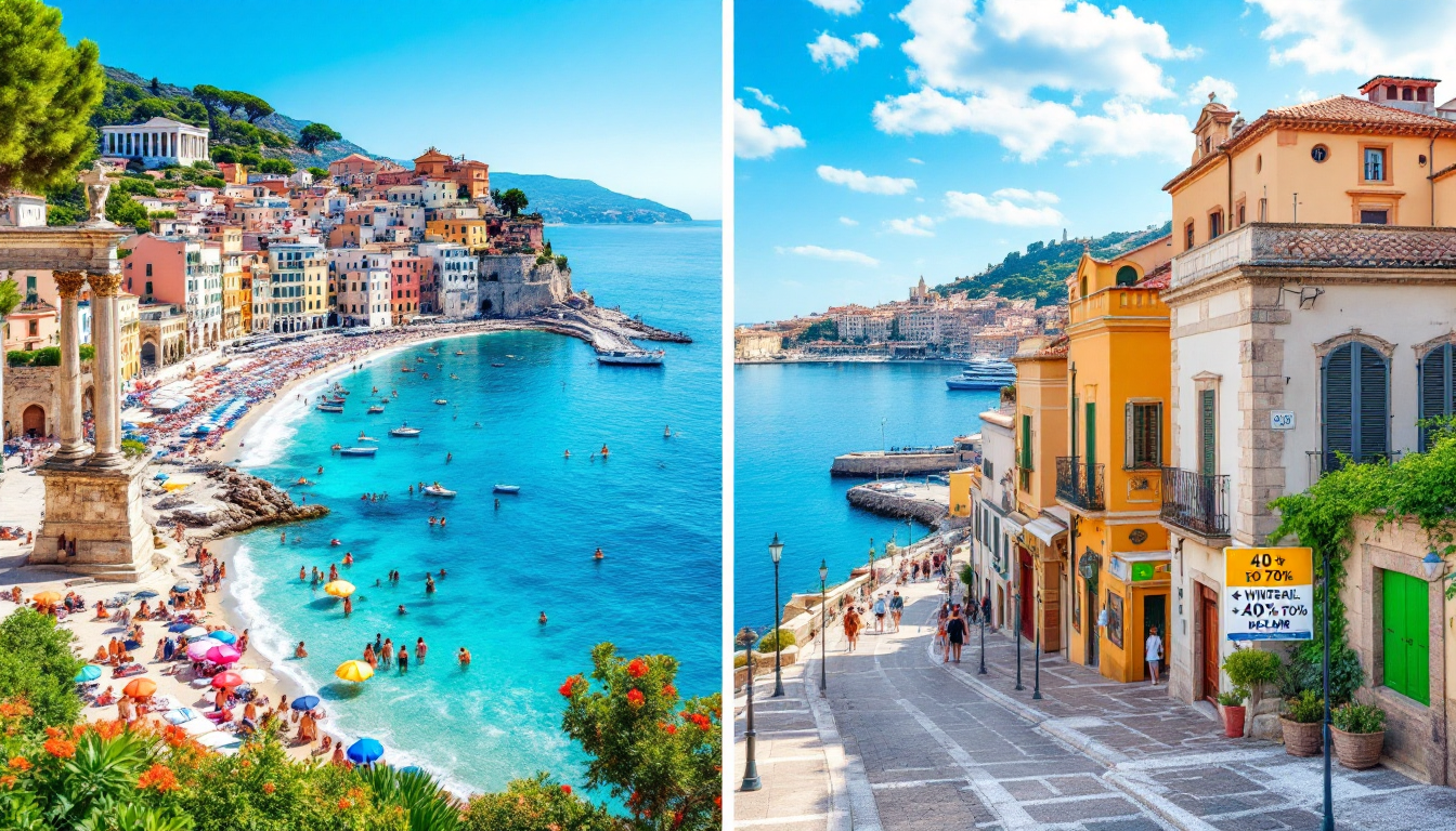 Mediterranean landmarks in summer crowded and expensive versus winter mild and quiet with big discounts