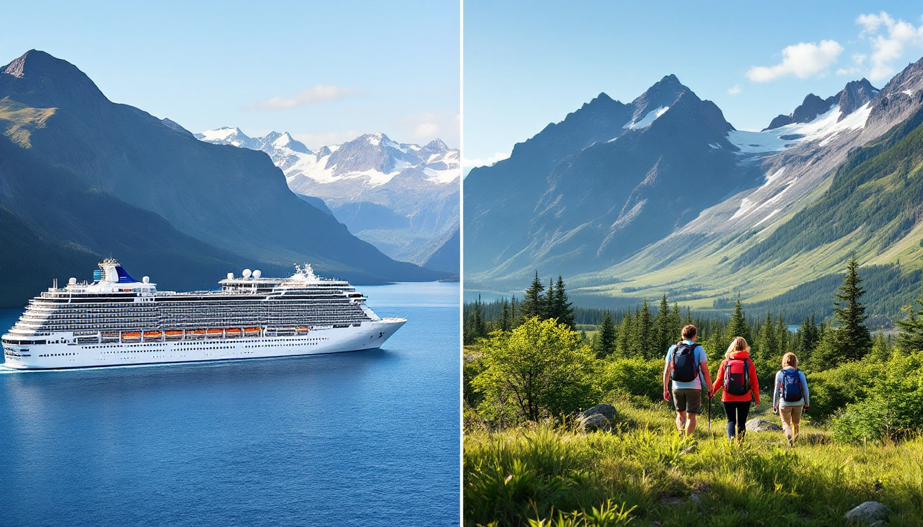 Comparison of Alaska family cruise amenities and adventurous land tour in natural Alaska landscape