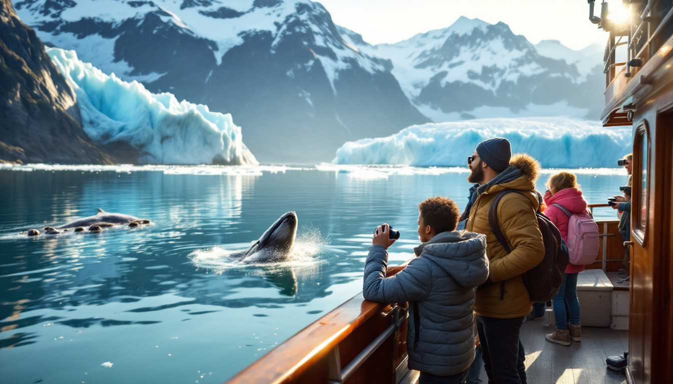 Family on Kenai Fjords wildlife cruise near glaciers spotting marine animals