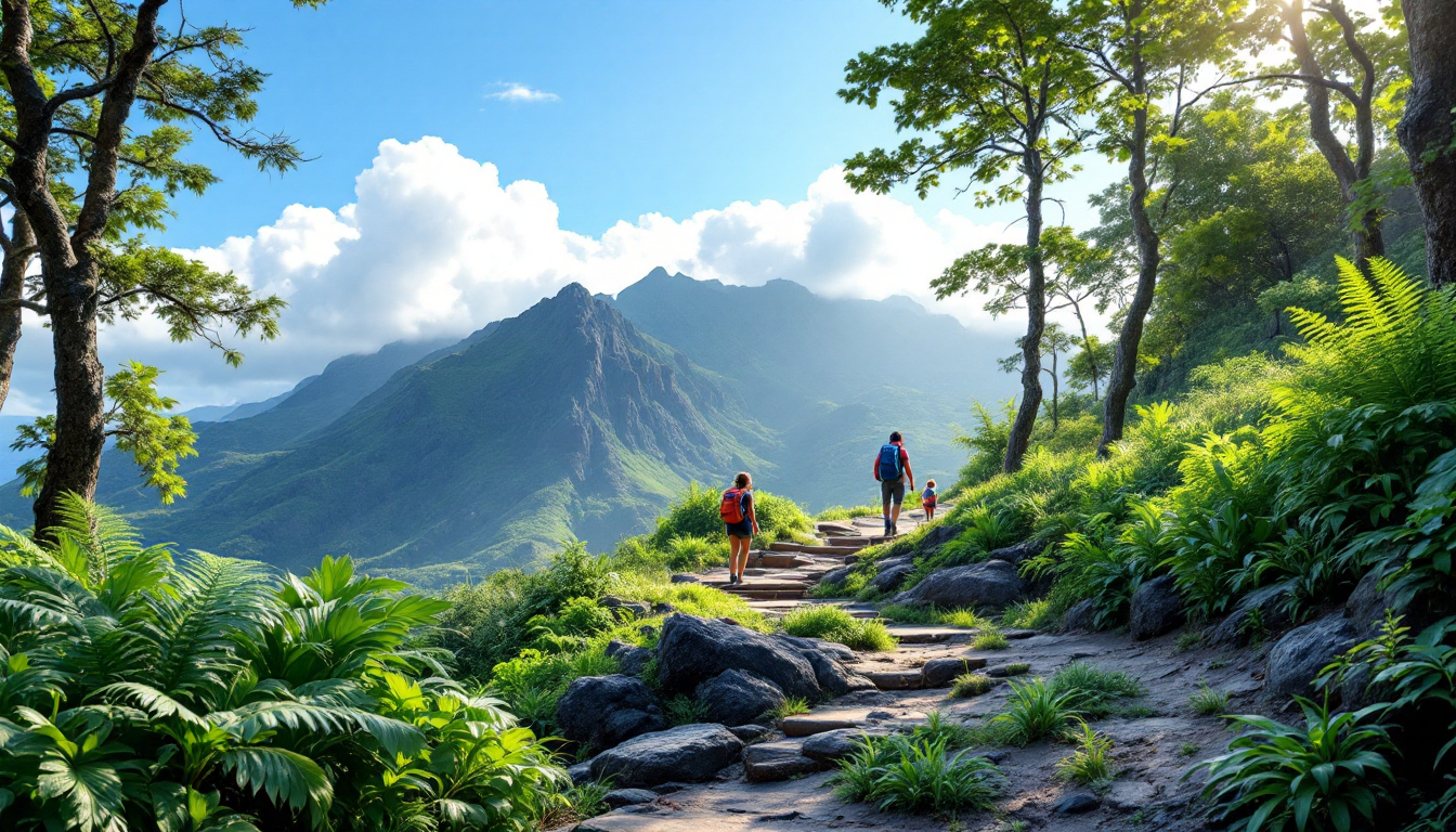 Beginner hiking trail in Hawaii showing volcanic landscape and greenery with hikers
