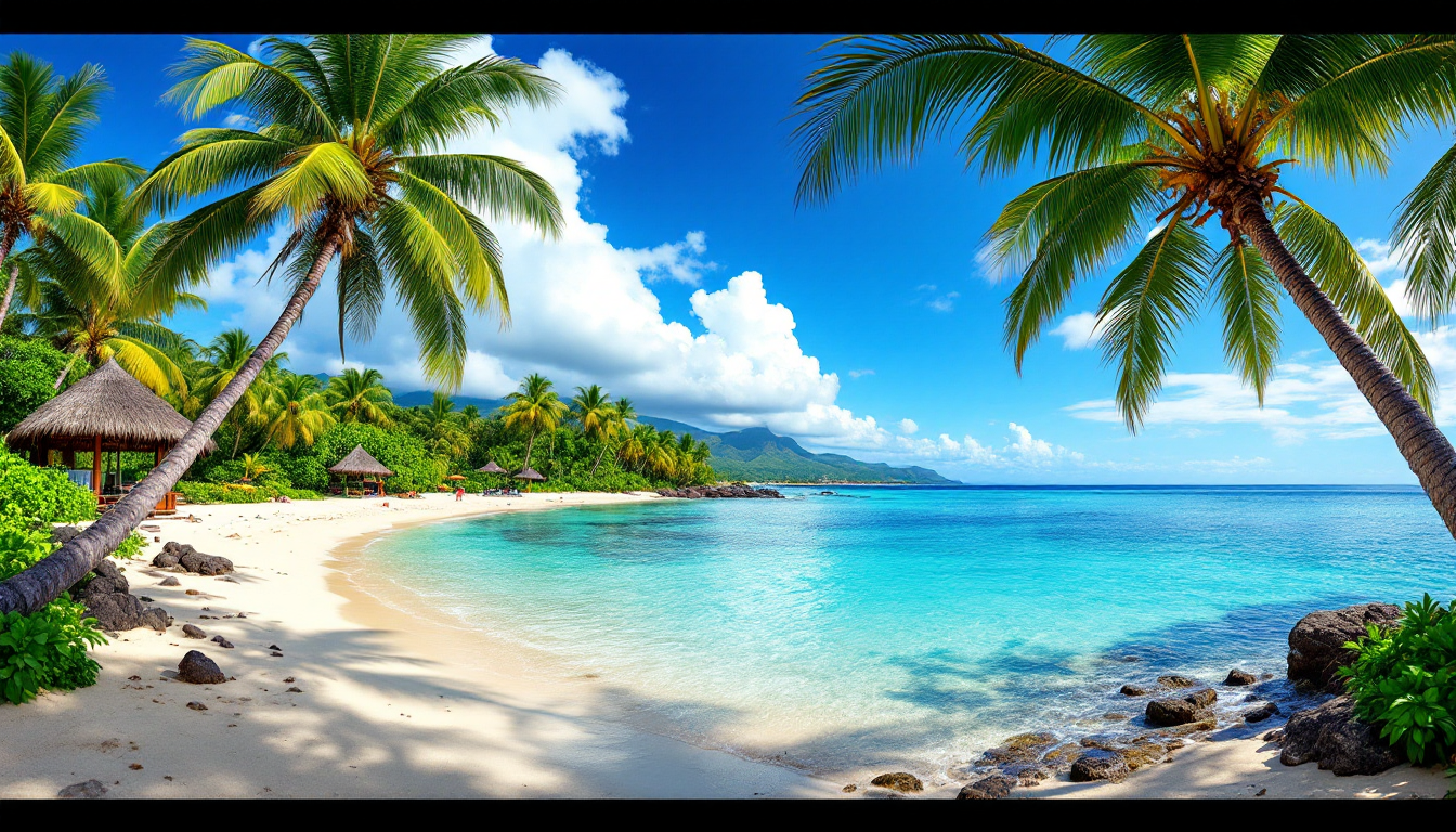 Panoramic view of a tropical Hawaiian beach with clear water and palm trees under a sunny sky