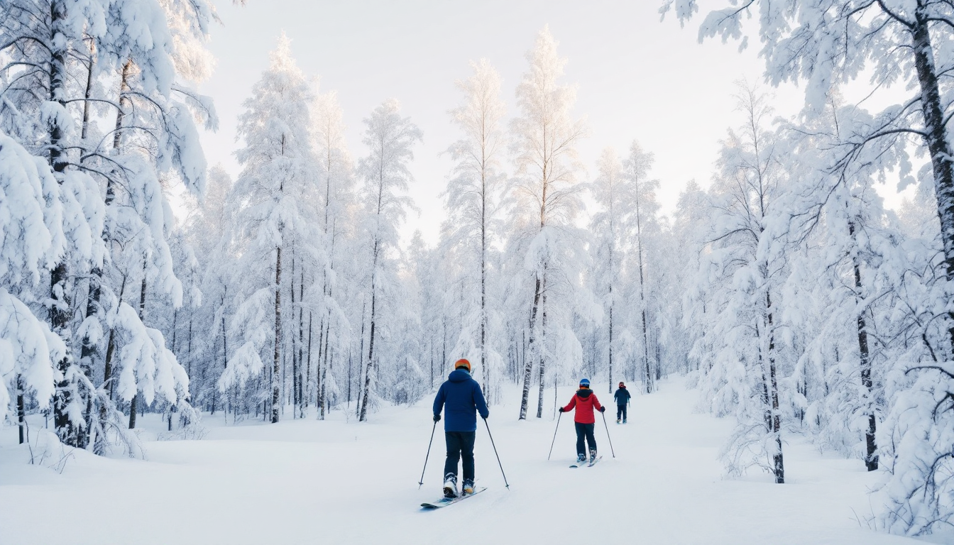 Winter ski resort in Hokkaido Japan with deep powder snow and birch forests