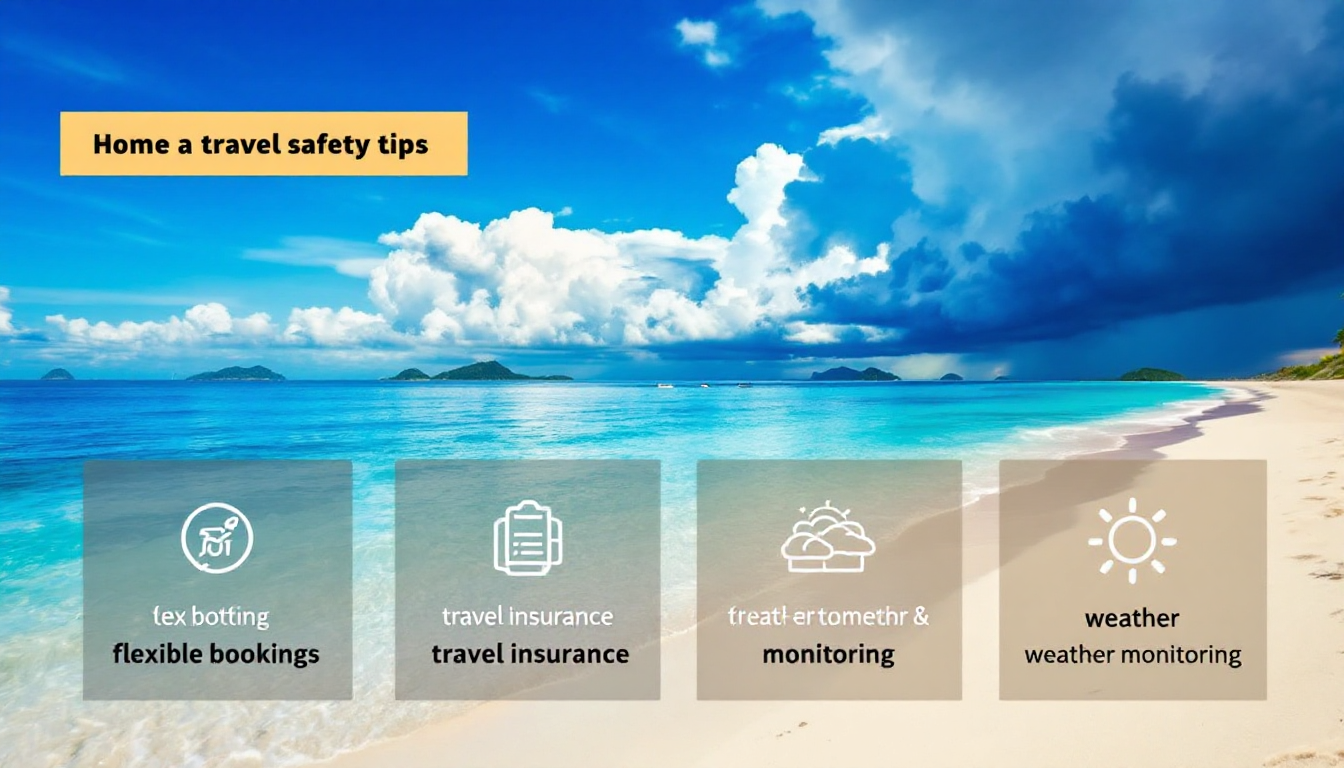 Caribbean ABC islands safe during hurricane season with travel safety infographic and contrasting stormy islands