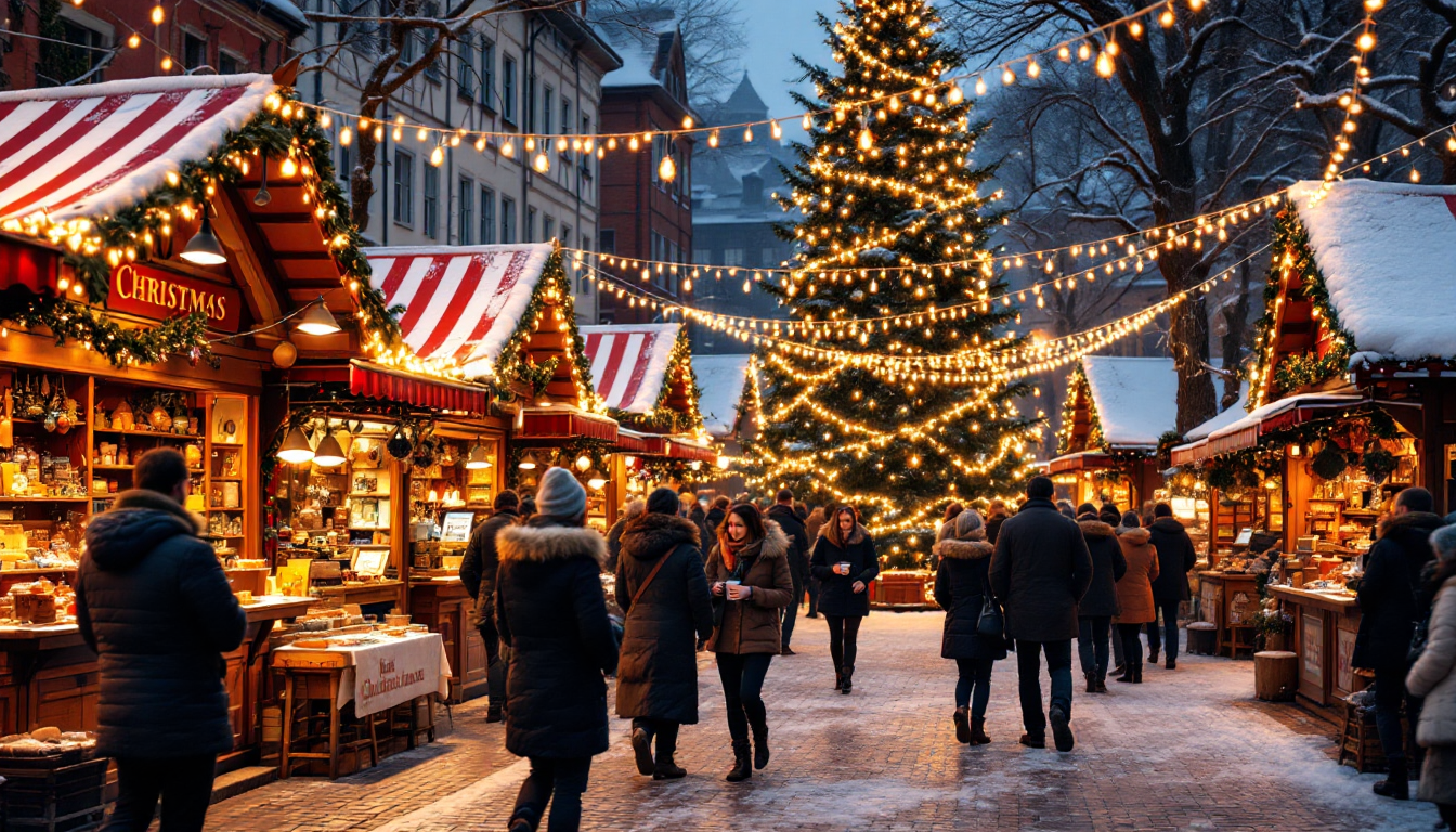 Charming winter Christmas market in Germany with festive decorations
