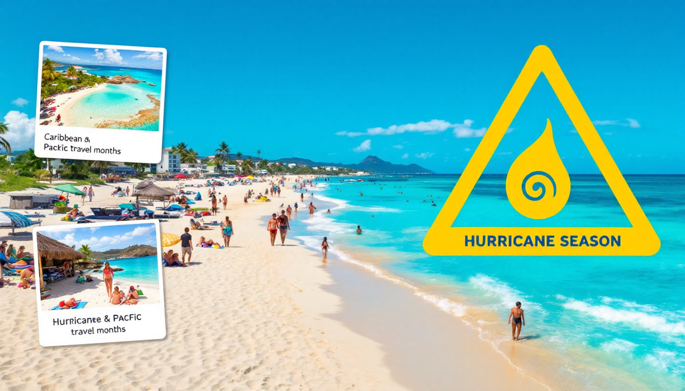 Mexico beach travel with sunny clear skies on Caribbean and Pacific coasts and hurricane season advisory