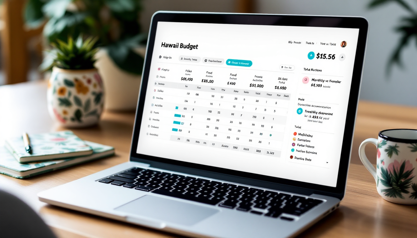 Detailed Hawaii trip budget spreadsheet on laptop screen