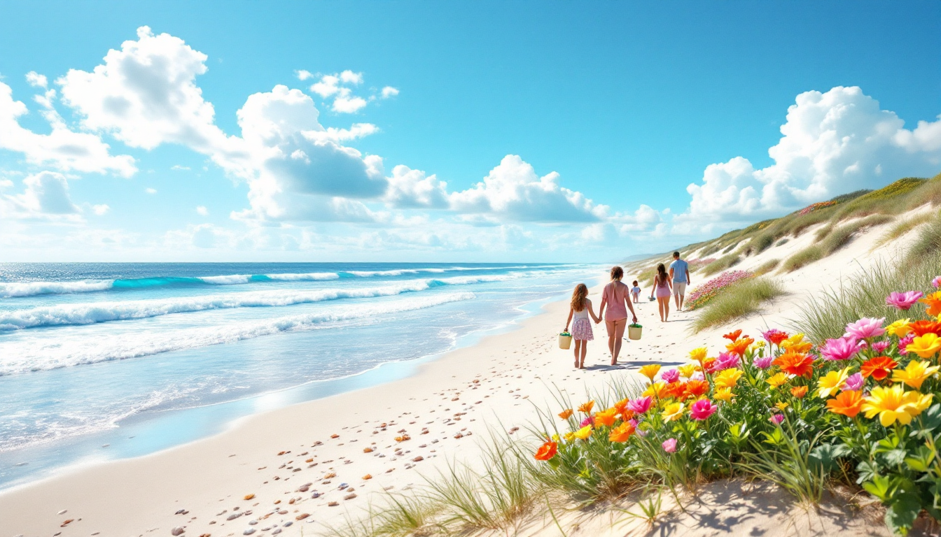 Spring beach with families walking, seashells, and blooming flowers under clear sky
