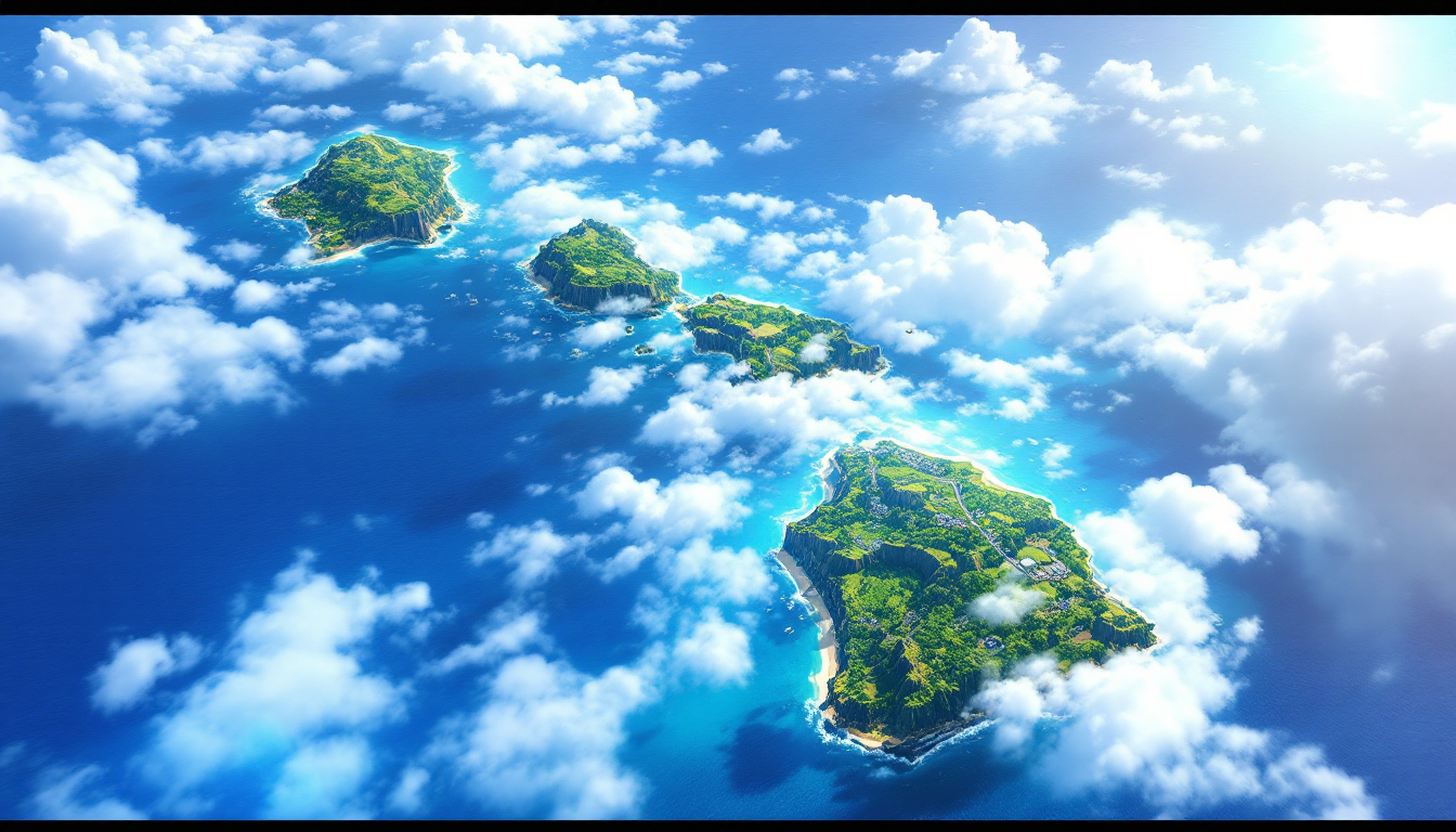 Aerial view of the four main Hawaiian islands showing Oahu urban area, Maui beaches and volcano, Kauai lush green landscapes, and Big Island diverse geography