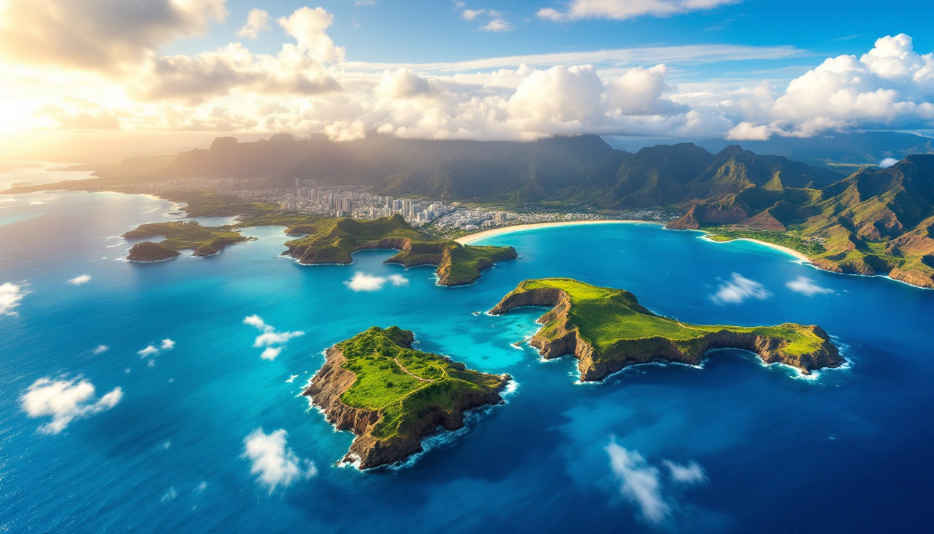 Aerial view of the four major Hawaiian islands with labels and diverse natural features like beaches and volcanoes