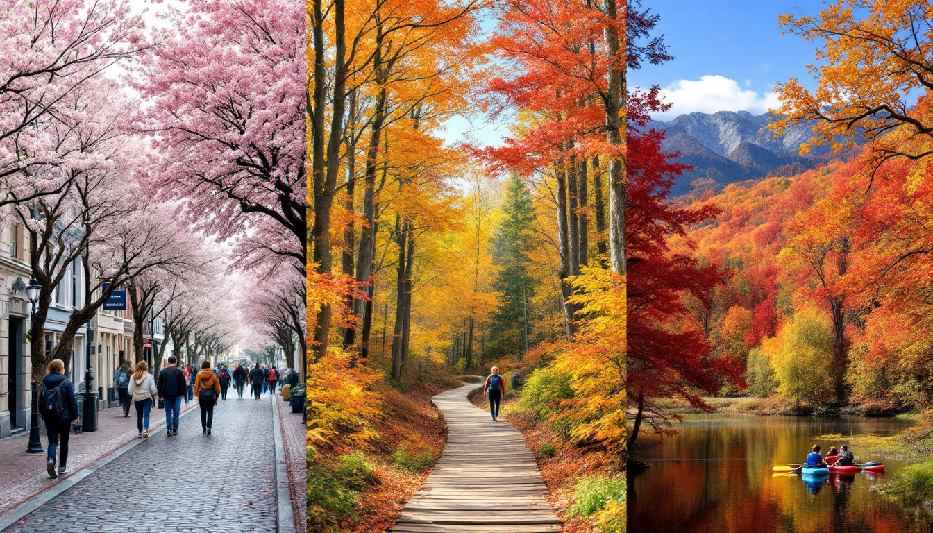 Nature scenes representing spring and fall shoulder seasons with pleasant weather and low crowds globally