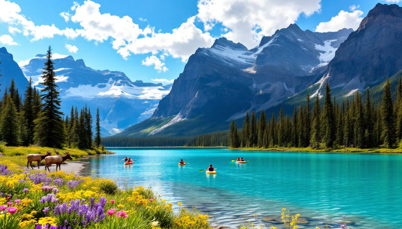 Summer in Banff National Park Canada with turquoise lakes, kayakers, and wildlife